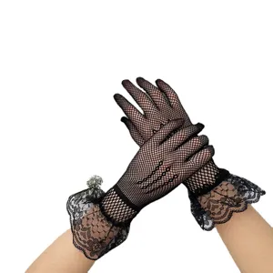 Black fishnet lace gloves for women, elegant vintage short mesh sun protection gloves summer.