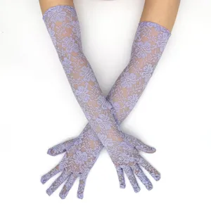 Detailed view of long lavender lace floral sun protection gloves showing exquisite fabric.