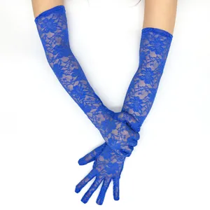 Extra long royal blue lace gloves featuring delicate floral patterns for elegant sun protection.