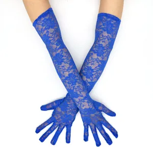 Close-up of royal blue long lace gloves featuring delicate floral pattern and elegant style.