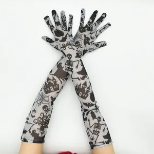 Halloween Long Lace Gloves Mesh Skeleton Pumpkin Print Party Costume Accessories Women Gothic Black Purple Gloves