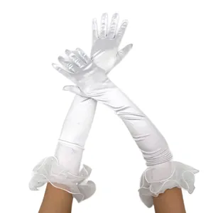 1920s Women Satin Long Gloves 55cm Opera Gloves Party Costume Ruffle Mesh Accessories White