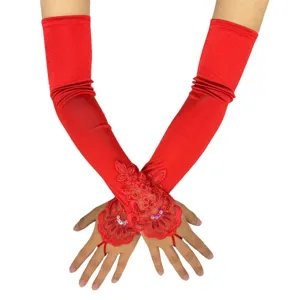 Elegant red satin long gloves featuring delicate lace floral appliques and sequin details.