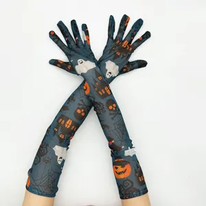 Halloween long mesh gloves with spooky pumpkin and ghost print for party costume accessories.