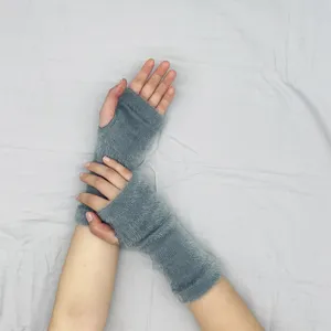 Autumn winter warm fuzzy fingerless knit gloves for women and men soft plush half finger wear