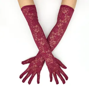 Women lace long gloves wine red floral sun protection UV block elegant party opera arm sleeves