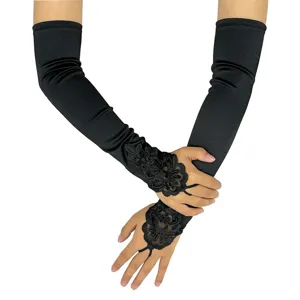 Elegant black satin long opera gloves with delicate lace beaded appliques for 1920s party.