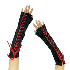 Gants longs noirs sans doigts avec lacets rouges, parfaits pour le cosplay Lolita et fête.