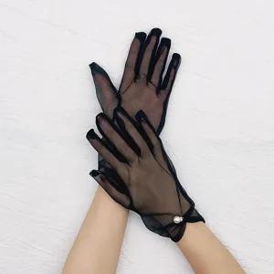 Women Summer Sun Protection Mesh Lace Thin Gloves Elegant Pearl Decorated Wedding Party Glove Bridal Wrist Gloves