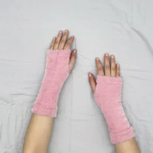 Pink fuzzy fingerless gloves knit plush winter warm gloves for writing and typing daily use