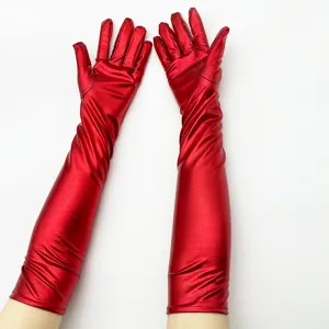 Gants longs métalliques rouges gants d'opéra en cuir verni brillant costume de scène de fête