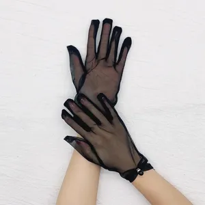 Sheer black mesh sun protection gloves with elegant pearl wrist detail for women summer.