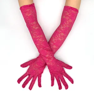 Women long lace gloves hot pink floral elbow length UV protection fashion accessories