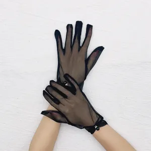 Black sheer mesh lace gloves with elegant pearl wrist detail, perfect summer sun protection accessory.