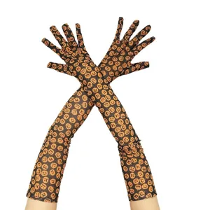 Halloween long black mesh gloves with orange pumpkin prints, ideal for party costume accessory.
