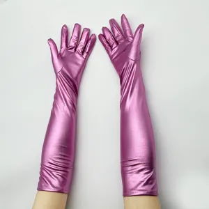 Gants longs métalliques brillants en cuir synthétique pour soirée spectacle et danse.