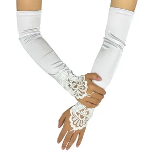 White satin opera gloves with delicate lace floral appliqués for 1920s vintage parties and weddings.