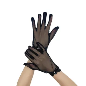 Minimalist black mesh sun protection gloves with pearl decoration for summer events.