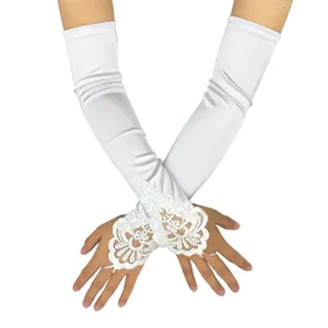 Detail shot of white satin long gloves featuring delicate lace appliques and finger loop design.
