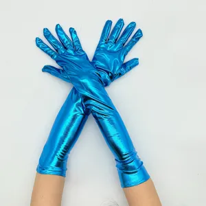 Gants longs bleus métalliques brillants pour femmes, parfaits pour la pole dance et les fêtes.