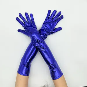 Gants longs métalliques bleus pour femmes, gants de danse de fête en cuir verni brillant.