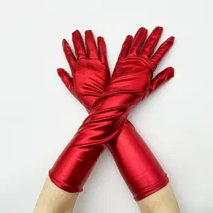 Rote Lackleder Langarm-Handschuhe, glänzende Stretch Handschuhe für Bühne und Party.