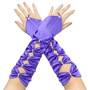 Purple satin fingerless wedding gloves with hollow bow design and pearl rhinestone decor.
