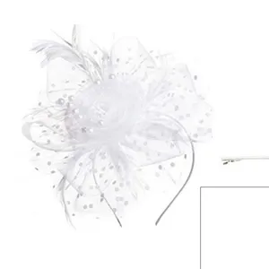 White vintage feather mesh fascinator headband elegant bridal party hair accessory detailing.