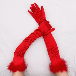 Red long satin gloves with feather cuffs, vintage 1920s party and Christmas cosplay gloves.