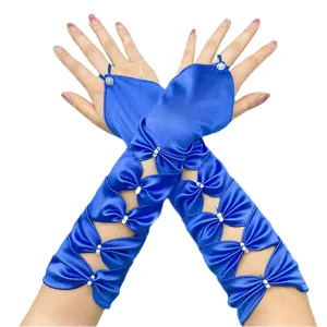 Blue satin hollow wedding bridal gloves with pearls, elegant mid-length evening party accessory.