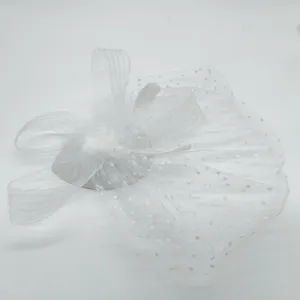 White feather mesh fascinator detail, 1920s vintage party hair accessory and bridal decor.