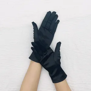 Black stretch satin short gloves detail view for formal evening dress performance