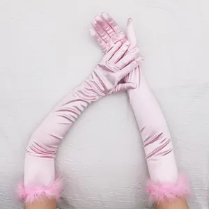 Pink long satin gloves with feather cuffs vintage retro party opera cosplay costume women