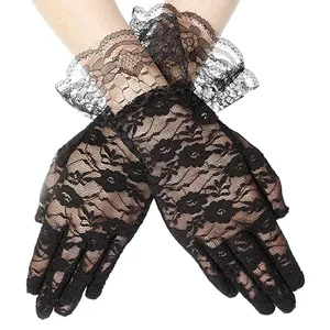 Elegant black lace gloves with ruffled cuffs for vintage parties and formal wear.
