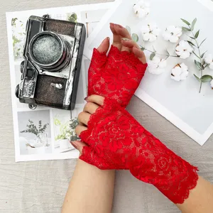 Women red lace fingerless gloves summer thin floral sun protection driving cycling gloves