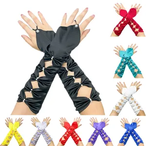 Hollow Out Hook Finger Elastic Wedding Dress Evening Gloves Satin Beaded Bow Bridal Gloves Women Accessories