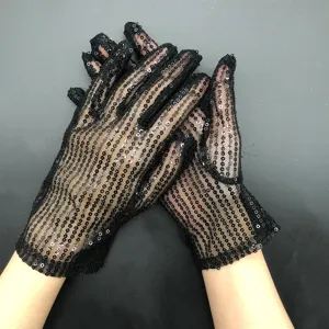 Schwarze Pailletten Netzhandschuhe für Damen und Herren, Party und Bühnen Performance.