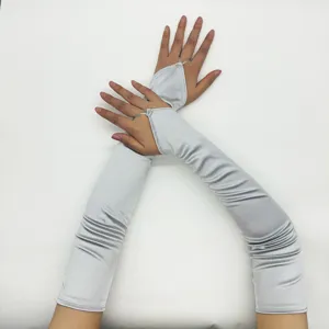 Lange zilveren satijnen vingerloze handschoenen bruids opera handschoenen zonbescherming