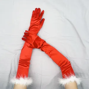 Red satin long gloves with white faux fur trim, vintage 1920s opera cosplay costume accessory