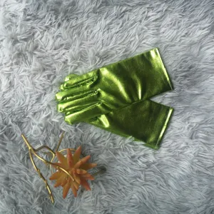 Shiny metallic green adult gloves for stage dance performances and party costumes.