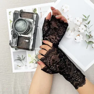 Women summer half finger lace gloves sun protection floral driving fashion black lace gloves