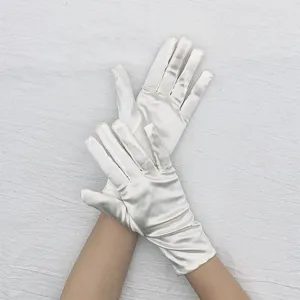 White satin gloves detail showing smooth fabric texture and short design for elegant wear.