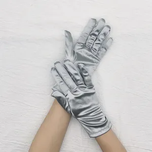 Short stretch satin gloves for women, silver formal dress gloves for party, wedding and evening.