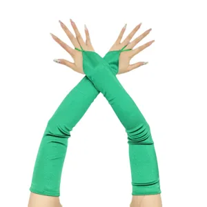 Lange groene satijnen vingerloze handschoenen opera avond feest kostuum bruid zonbescherming