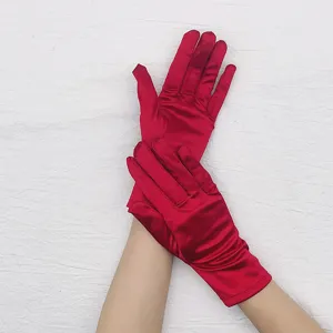 Short red satin gloves stretch fabric elegant evening party dance performance accessories
