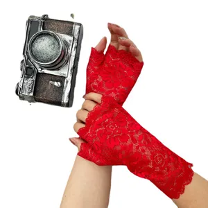 Women red lace fingerless gloves summer sun protection floral stretch short driving gloves