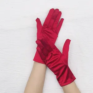 Red satin short gloves for women elegant stretch prom evening party performance dress