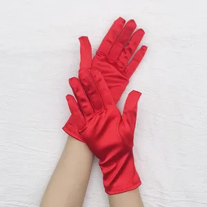 Short red satin gloves detail view, perfect for evening parties, dance performances and formal events.