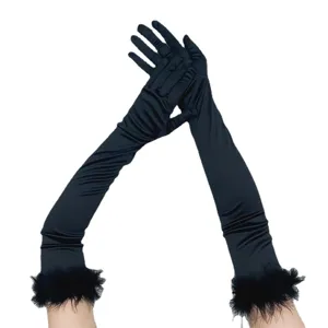 Long black satin gloves with faux fur trim 1920s vintage party cosplay costume women