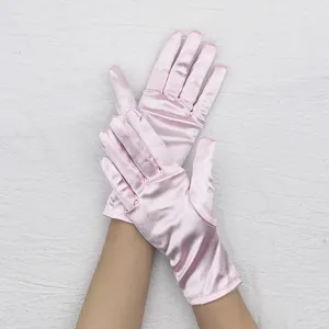 Pink stretch satin short gloves for women evening party opera performance accessories.